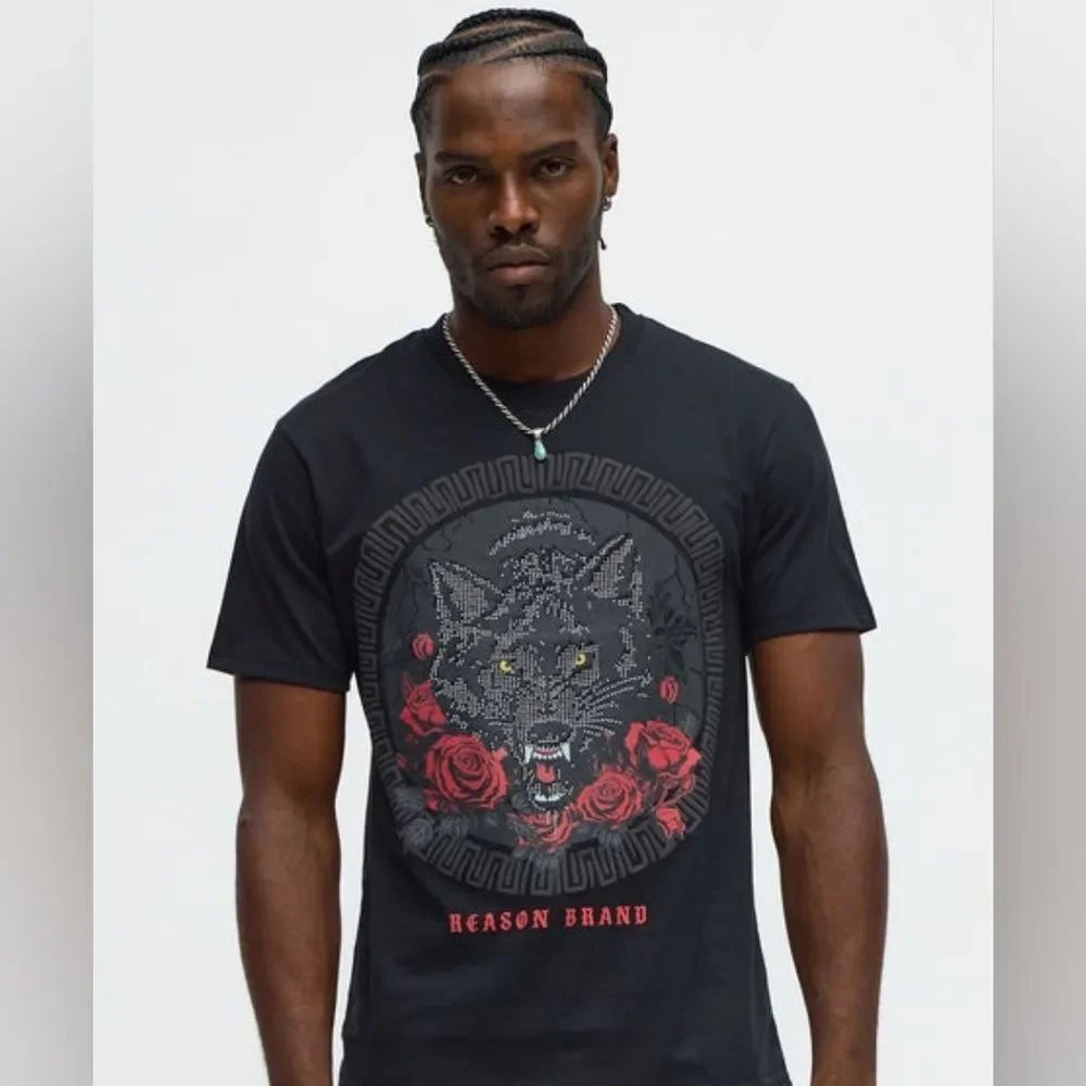 Reason Black Wolf Graphic With Rhinestones Tee
